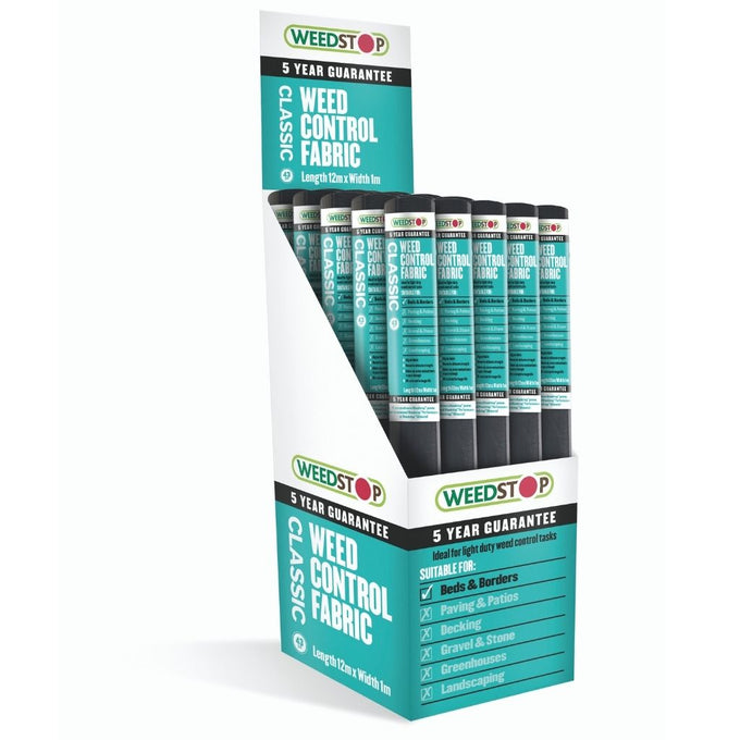 Gardman Weedstop Black 12m x 1m weed control fabric, durable garden weed barrier, available at Keans Claremorris.