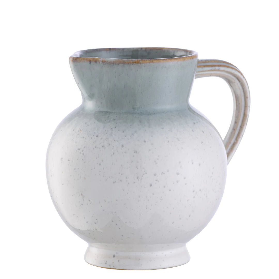 Belleek Living Tivoli Pitcher in blue-grey reactive glaze with rounded body and curved handle.