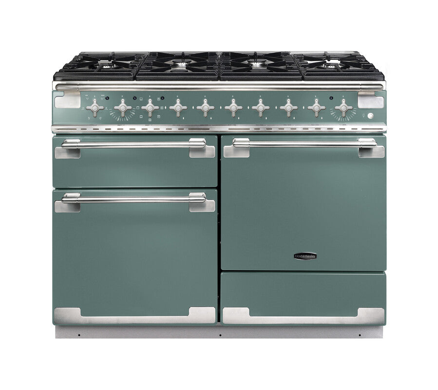 Rangemaster Elise 110 dual fuel range cooker in green with six burners and three oven doors visible from front view.