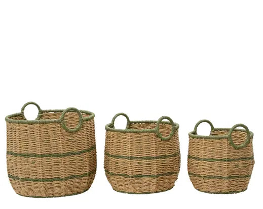 Medium Round Rosemary Green Striped Seagrass Storage Basket D.30cm H.30cm