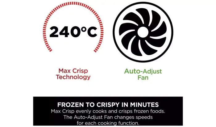 Ninja DZ300UK air fryer graphic showing 240°C max crisp technology and auto-adjust fan features.