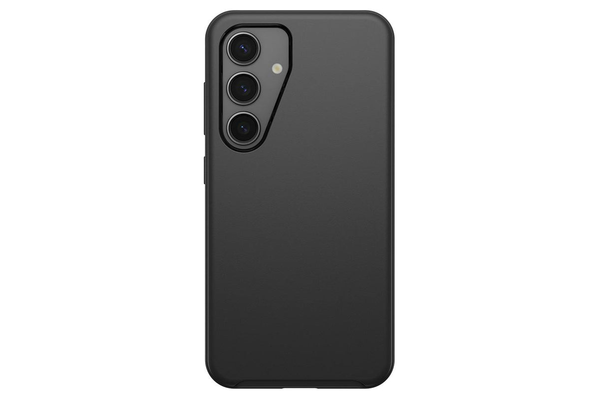 Black OtterBox Symmetry Series case with camera cutout for Samsung Galaxy S25 Ultra, back view.