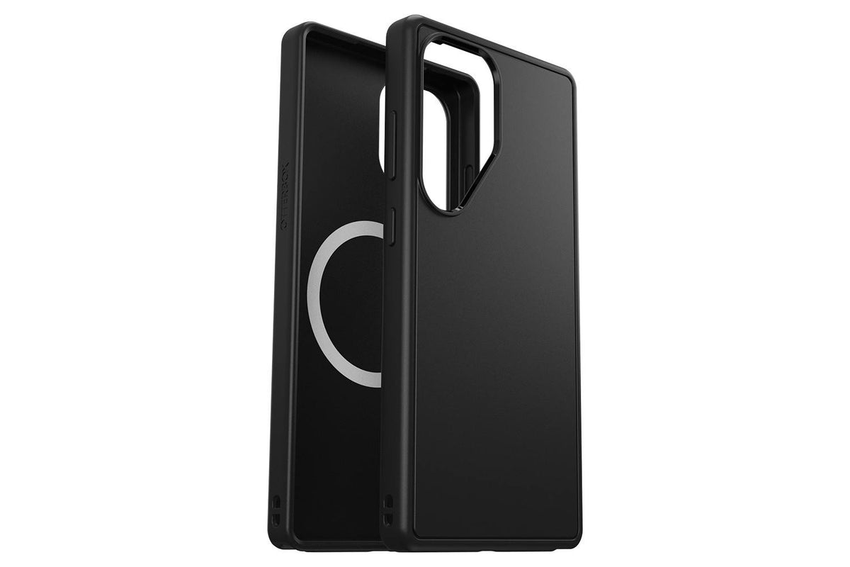 Black OtterBox Symmetry Series with Magnet case for Samsung Galaxy S25 Ultra shown from front and back angles.