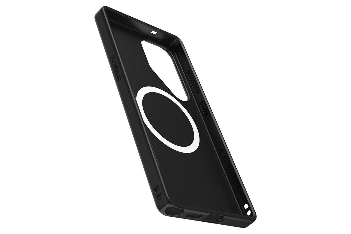 Black OtterBox Symmetry Series case with white magnetic ring for Samsung Galaxy S25 Ultra, angled view.
