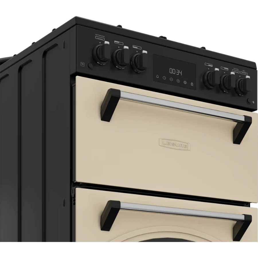 Close-up of the cream-colored doors and black control knobs on the Leisure 60cm Cream Gas Range Cooker CLB60GCC