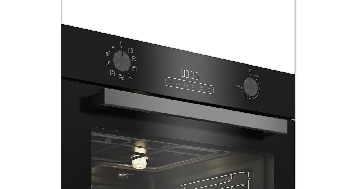 Close-up of Blomberg single fan oven control panel with LED display, program dial, and stainless steel handle.
