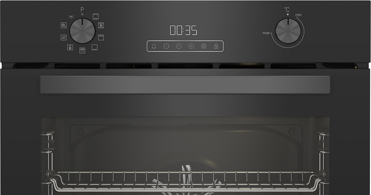 Blomberg single fan oven with black control panel, two knobs, LED timer, and open door showing interior rack.