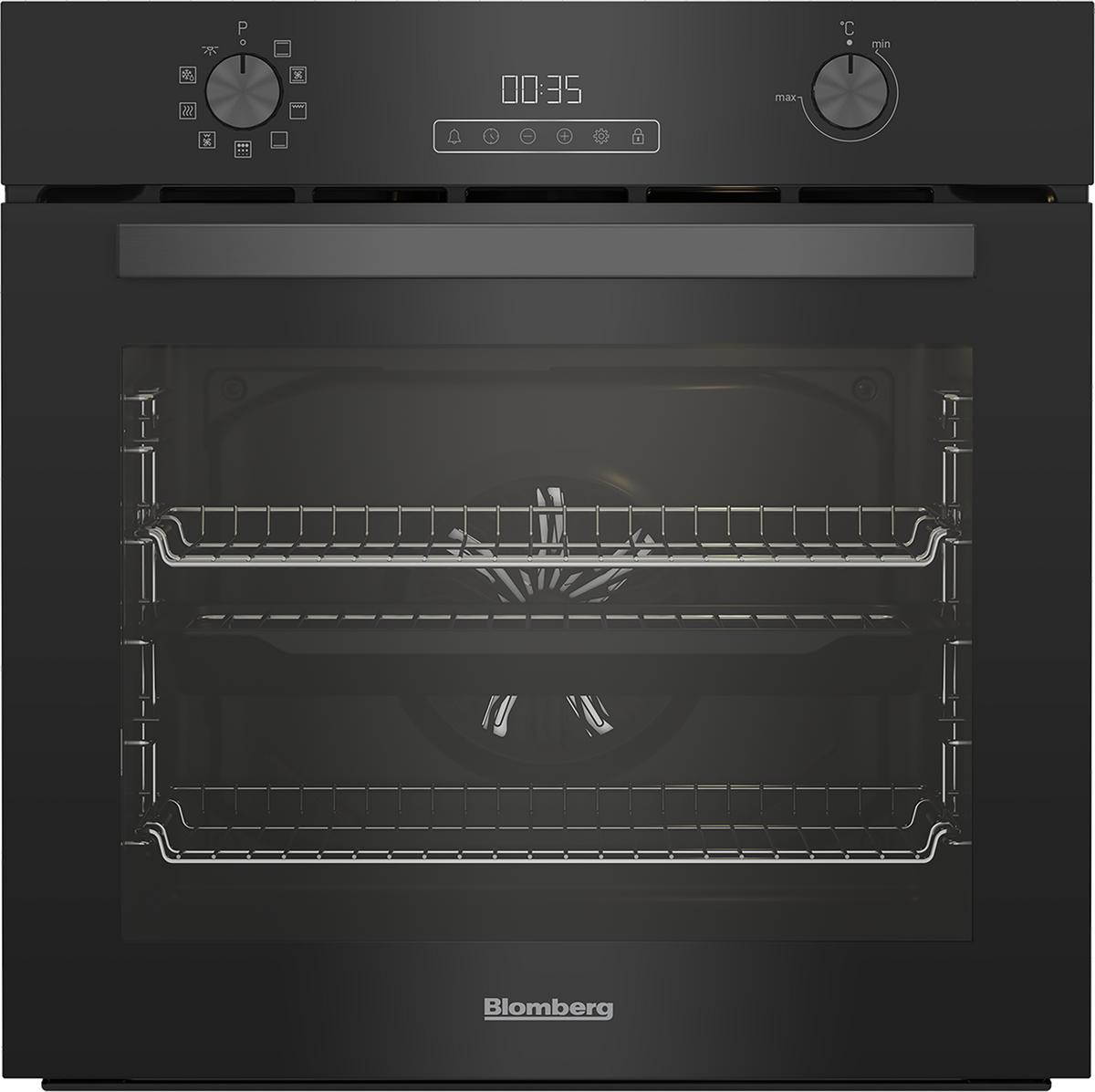 Blomberg black built-in single oven with LED timer, rotary knobs, and visible interior racks and fan.