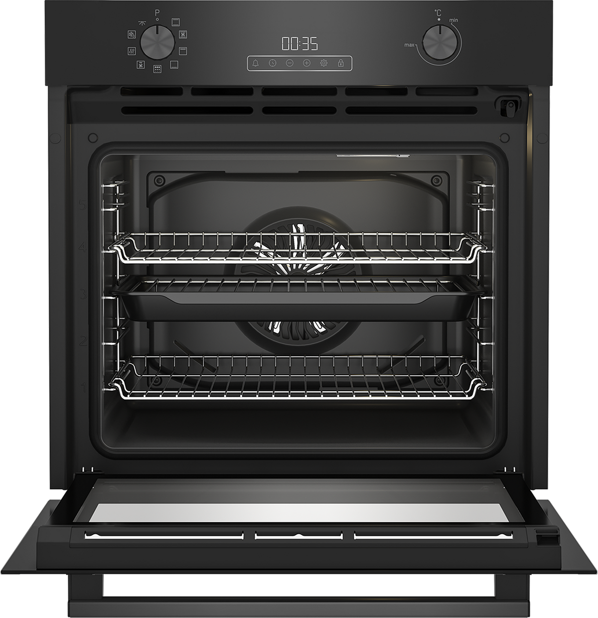 Blomberg single fan oven with open door, showing interior racks, fan, and LED control panel set to 00:35.