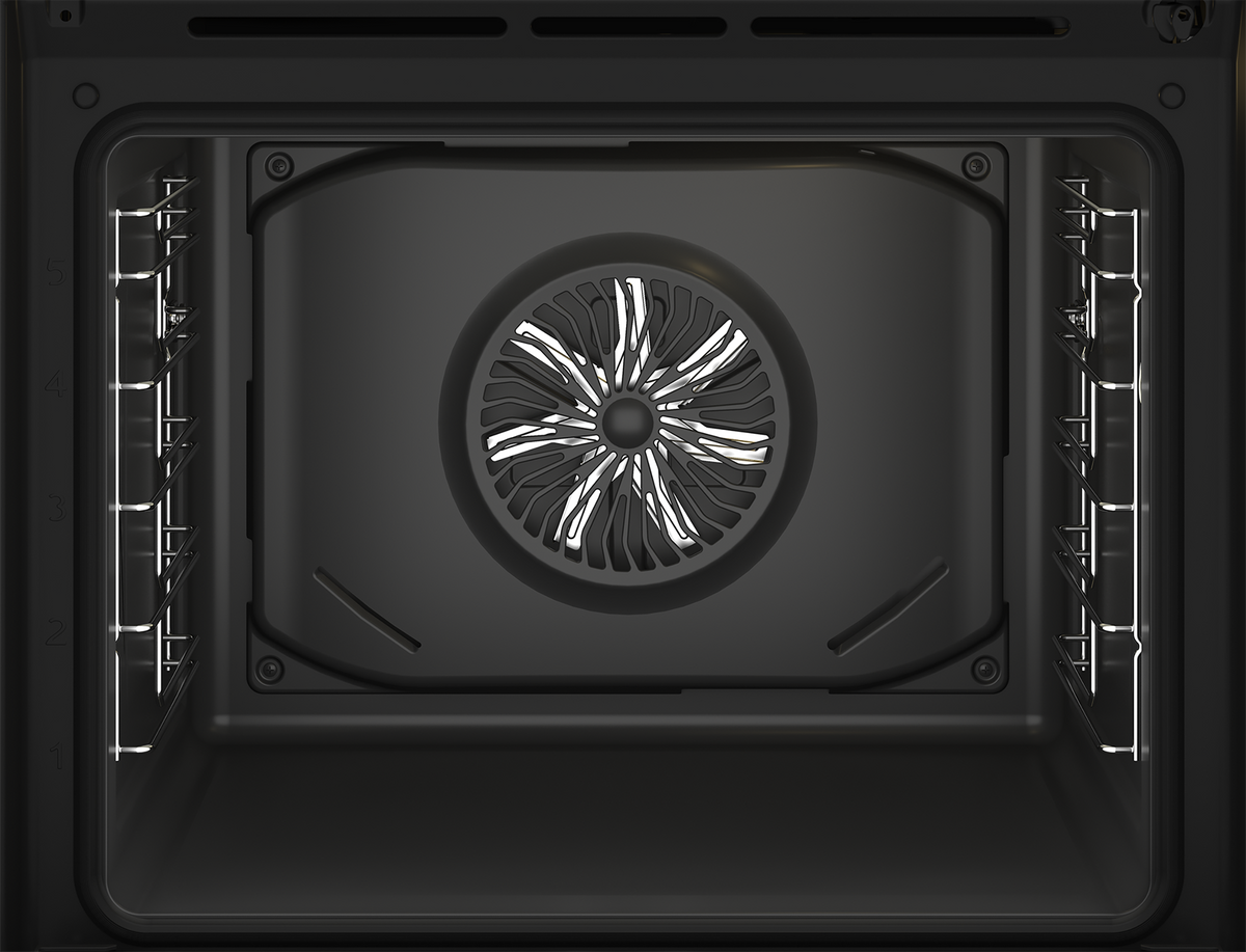 Interior view of Blomberg single fan oven showing fan and metal rack supports on sides