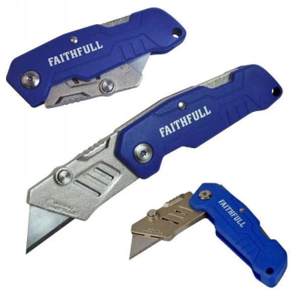 Faithfull Folding Lock Back Utility Knife, lightweight nylon body, quick-release blade, compact blue design – Keans