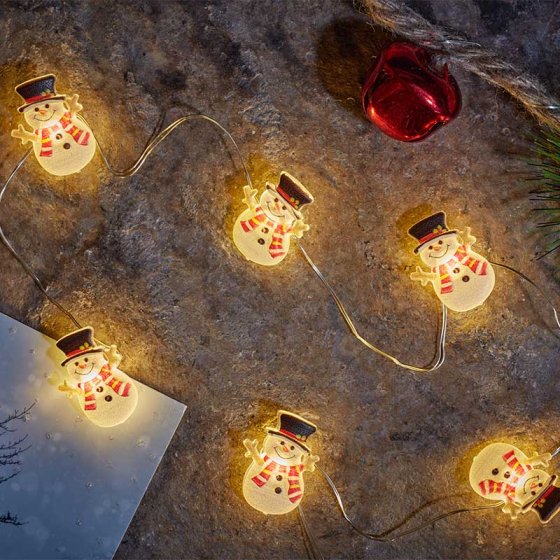 Snowman string lights set of 20 warm white LEDs, battery operated with auto timer, indoor use – Keans Claremorris.