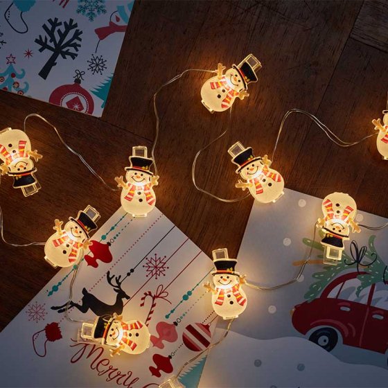 ClipCard Snowman String Lights with 10 warm white LEDs, card clips, 1.8m battery-operated indoor festive decor – Keans