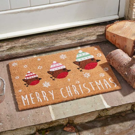 Festive Robin coir door mat 40x60cm with slip-resistant backing, durable, indoor/outdoor use – Keans Claremorris