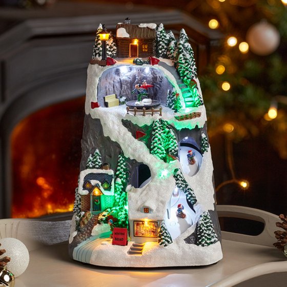 Winter SkiScene hand-painted winter village with multi-colored LEDs, indoor decor by Keans Claremorris, battery powered.