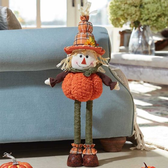 Large standing Mr Scarecrow plush ornament with handcrafted details, perfect for indoor autumn decor - Keans Claremorris.