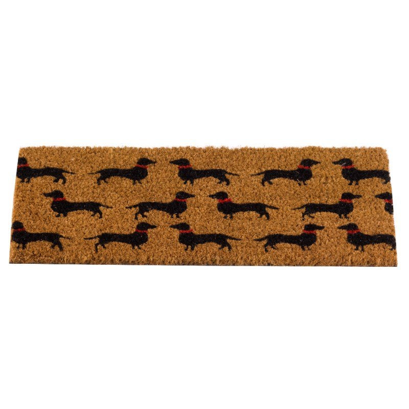Dogs! Deco Mat 23x53cm with repeating black dachshund pattern on brown absorbent fibers.