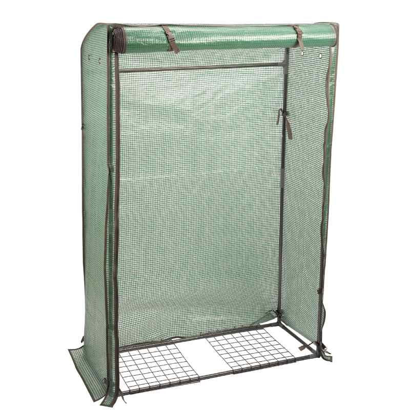 Tomato GroZone small greenhouse with green mesh cover and zippered front panel on metal frame