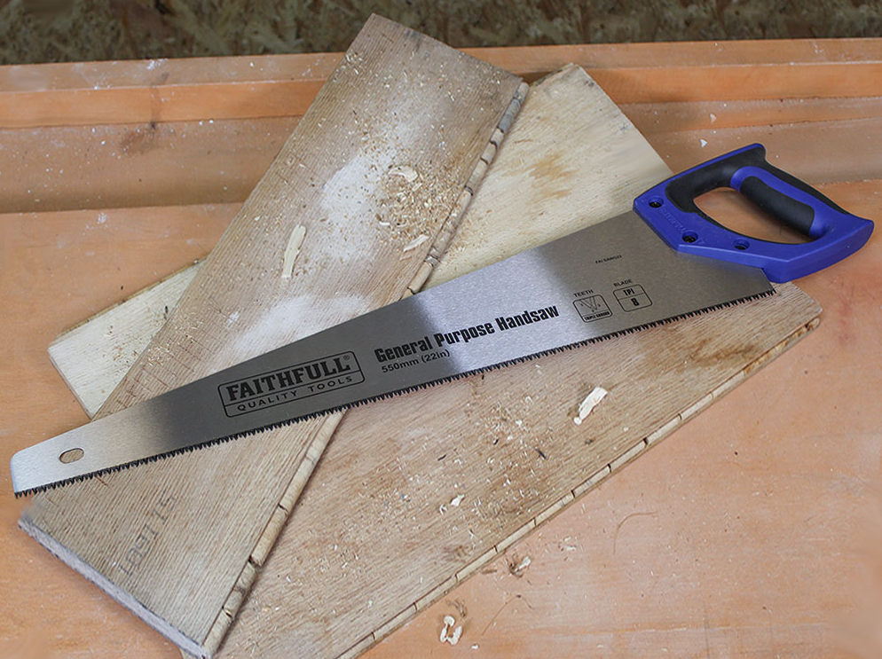 Faithfull General-Purpose Handsaw 550mm with blue and black handle resting on wooden boards.