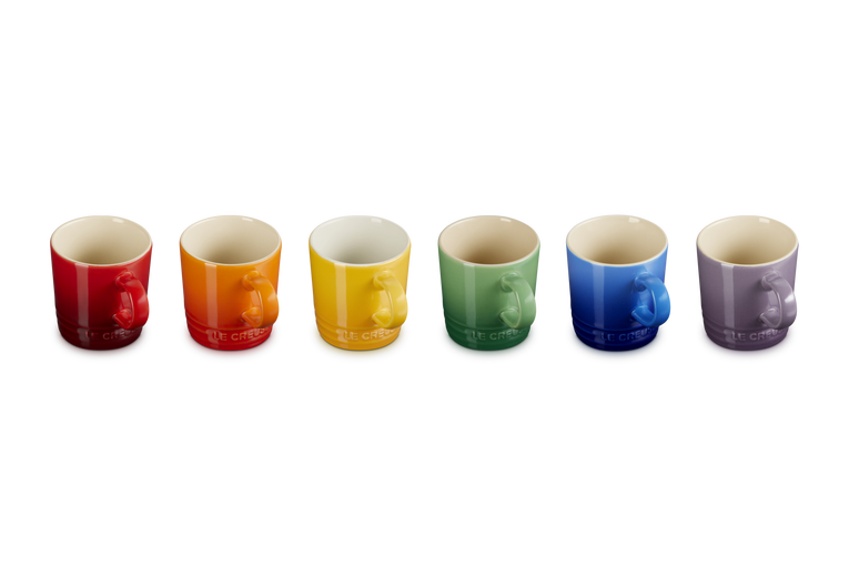 Le Creuset Rainbow set of 6 espresso mugs in red, orange, yellow, green, blue, and purple, front view.