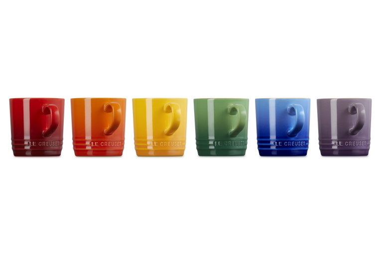 Le Creuset Rainbow Set of 6 cappuccino mugs in red, orange, yellow, green, blue, and purple, side by side.
