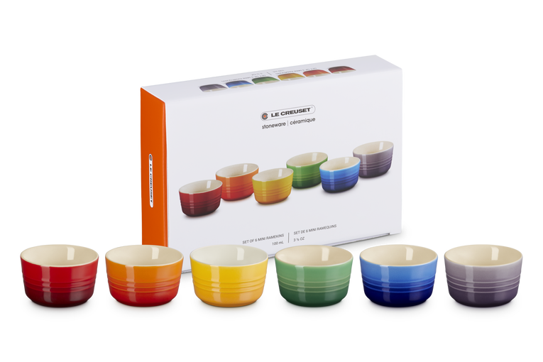 Le Creuset Rainbow Set of 6 mini ramekins in red, orange, yellow, green, blue, and purple with gift box.