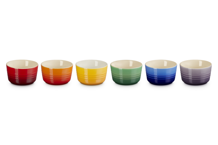 Le Creuset Rainbow Set of 6 ramekins in red, orange, yellow, green, blue, and purple, side by side.