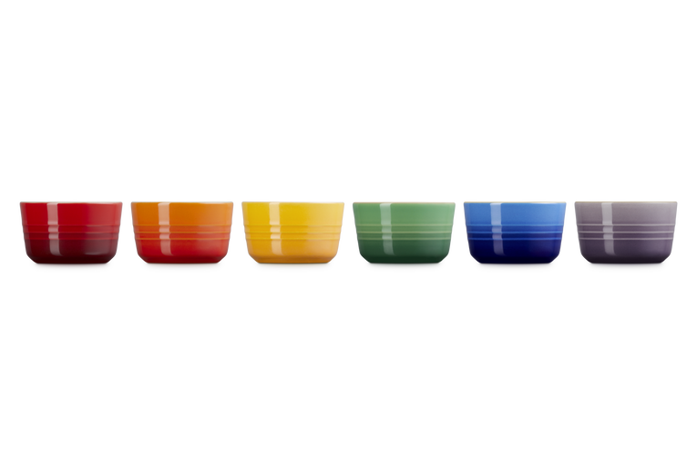 Le Creuset Rainbow set of 6 ramekins in red, orange, yellow, green, blue, and purple, side by side.