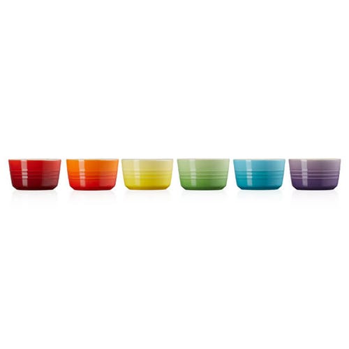 Le Creuset Rainbow Set of 6 Mini Ramekins in vibrant colors, perfect for desserts – available at Keans Claremorris.