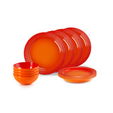 Le Creuset 12 Piece Volcanic Dinner Set with plates and bowls, iconic three-ring design, available at Keans Claremorris.