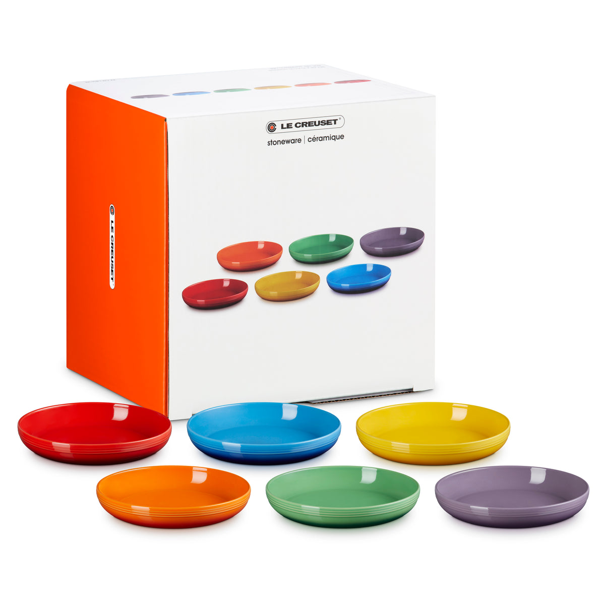 Le Creuset Rainbow Set of 6 Coupe Pasta Bowls in vibrant colors displayed with packaging box.