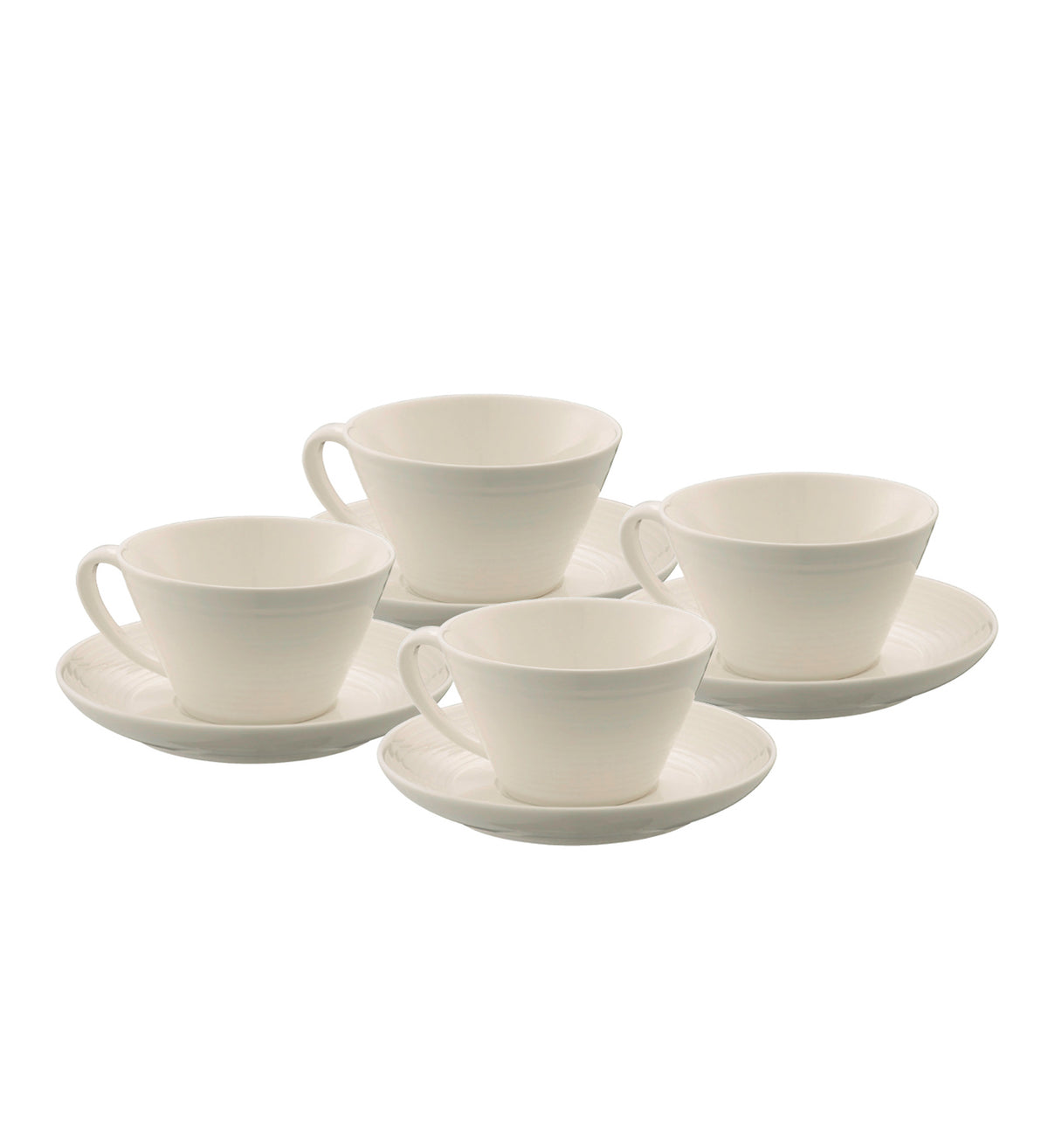 Belleek Living Ripple 4-piece fine china teacup and saucer set with contemporary design, available at Kean’s Claremorris. –
