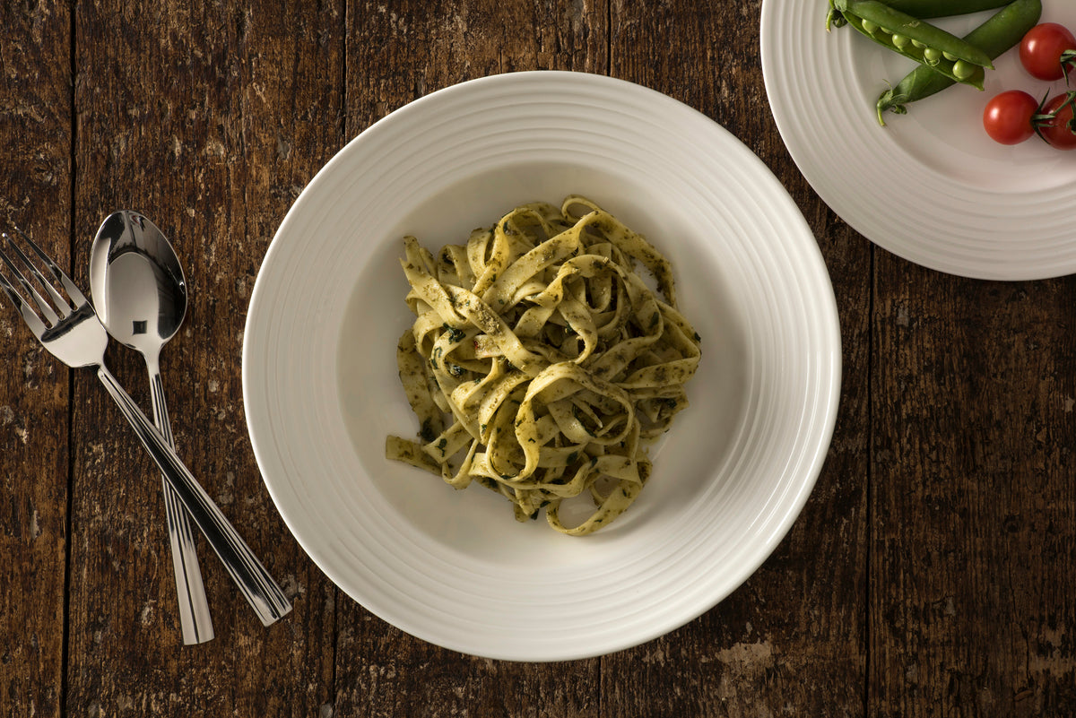 Belleek Ripple Pasta Bowls 4 Piece Set, elegant textured design, perfect for serving pasta – available at Keans Claremorris.