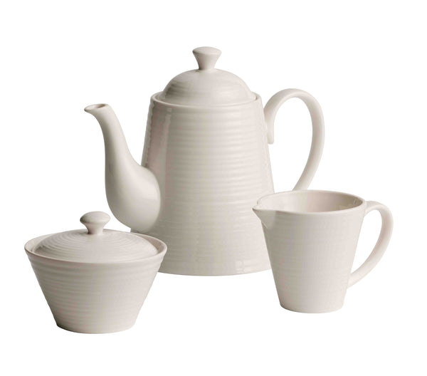 Belleek Ripple 3-piece porcelain beverage set with teapot, sugar bowl, creamer, dishwasher safe, from Kean’s Claremorris –