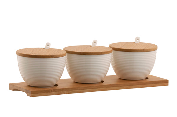 Belleek Ripple 3 Bowl Set with lids, bamboo tray, spoons; porcelain serveware, dishwasher safe, available at Kean’s