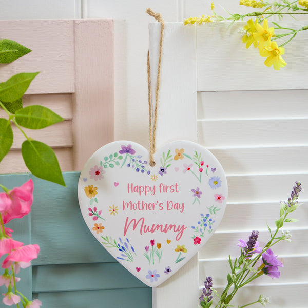 Pretty Floral First Mothers Day Ceramic Heart Hanger with flowers, decorative gift by Keans Claremorris