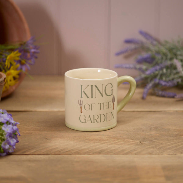 Stoneware King Of The Garden Mug with full wrap design, durable ceramic, available at Keans Claremorris.