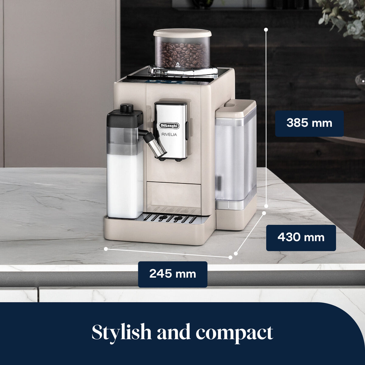 DeLonghi Rivelia cream coffee machine with bean hopper, milk container, and dimensions shown on countertop.