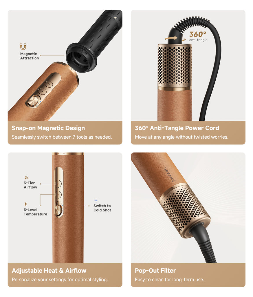 Dreame AirStyle Pro 7-in-1 Hair Styler close-ups showing magnetic attachment, anti-tangle cord, control buttons, and pop-out