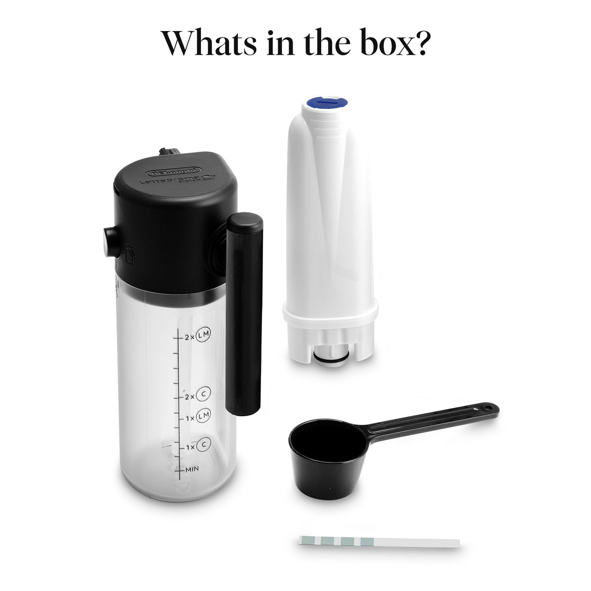 Milk frother, water filter, black coffee scoop, and pH test strip included with DeLonghi coffee machine.