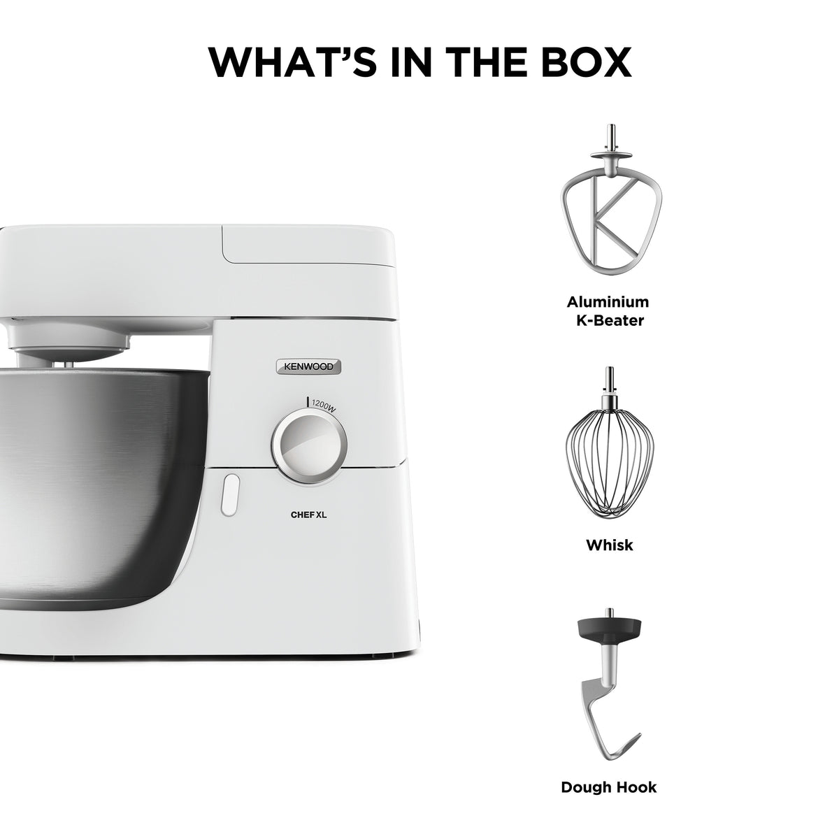 Kenwood Chef Mixer XL in white with stainless steel bowl and attachments including K-Beater, whisk, and dough hook