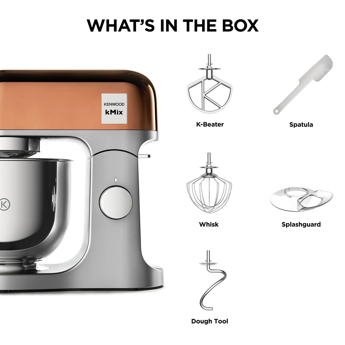 KENWOOD kMix rose gold kitchen mixer with stainless steel bowl and included attachments on white background