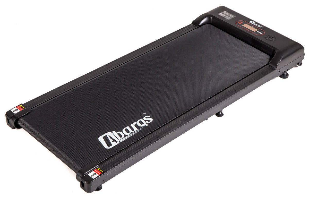 AbarQs BZ-38.00 electric treadmill walking pad in black with LED display and compact design on white background.