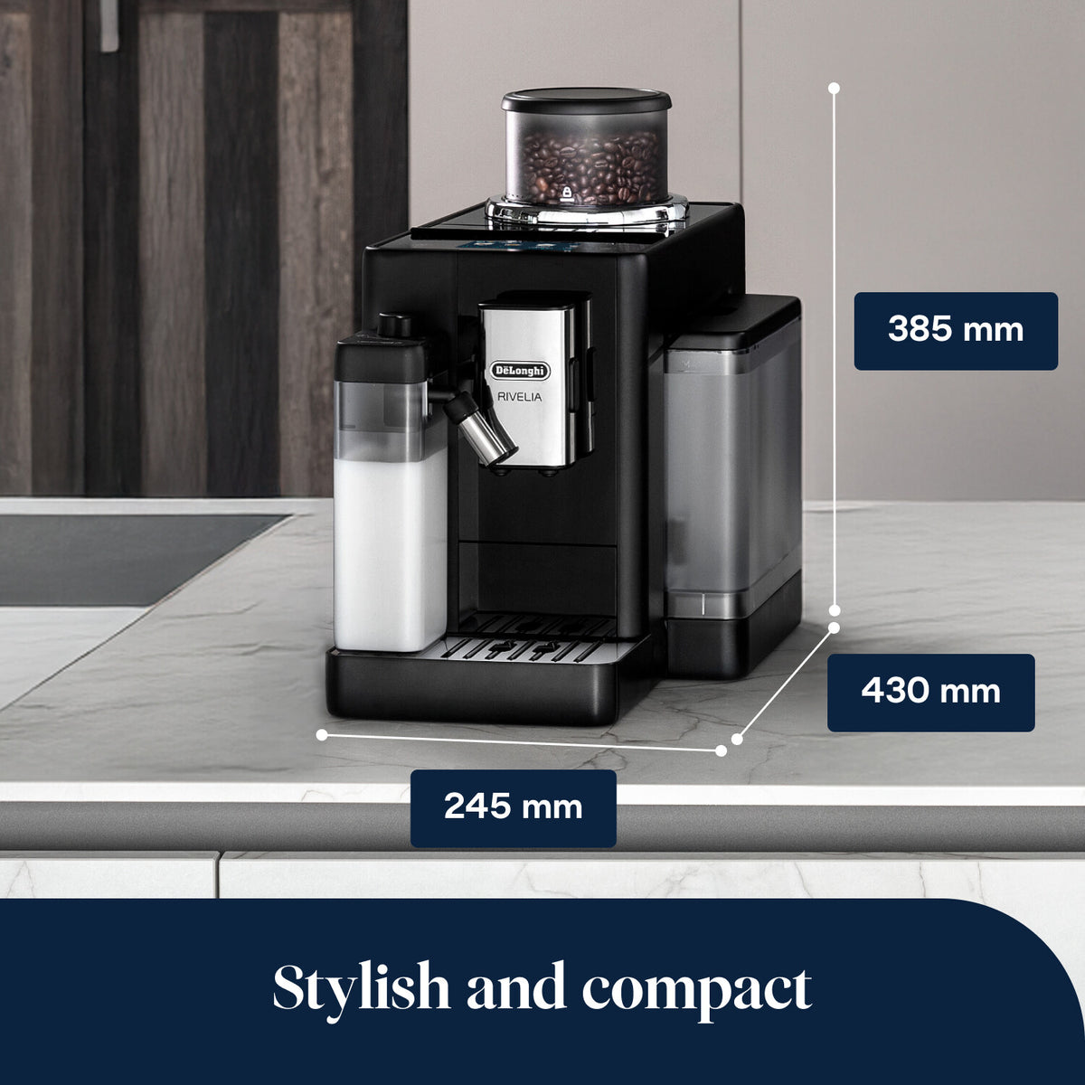 DeLonghi Rivelia black coffee machine with bean hopper, milk container, and dimensions shown on countertop