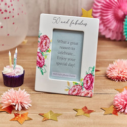 50th Birthday Photo Frame Ceramic With Pink Floral Design 15x20x0.7cm