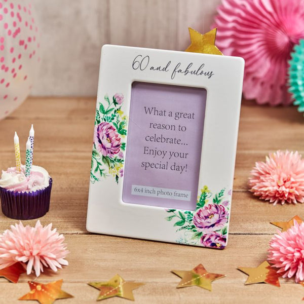 60th Birthday Photo Frame White Ceramic With Pink Floral Design 15x20x0.7cm