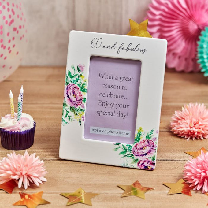 60th Birthday Photo Frame White Ceramic With Pink Floral Design 15x20x0.7cm - Image 1