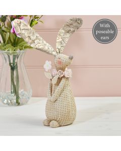 Grace Bunny Ornament with rose collar and lace ears, textured resin, 8.5x8.5x27 cm - Keans Claremorris
