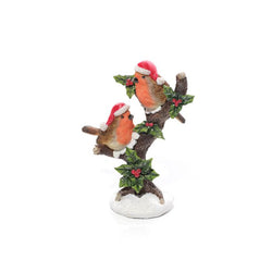 Robin Pair on Holly Tree Resin ornament 11.5x6x13.5cm
