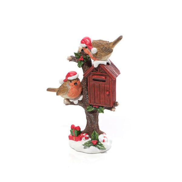 Robin Pair on Holly Tree With Postbox Resin ornament 6.4x10cm